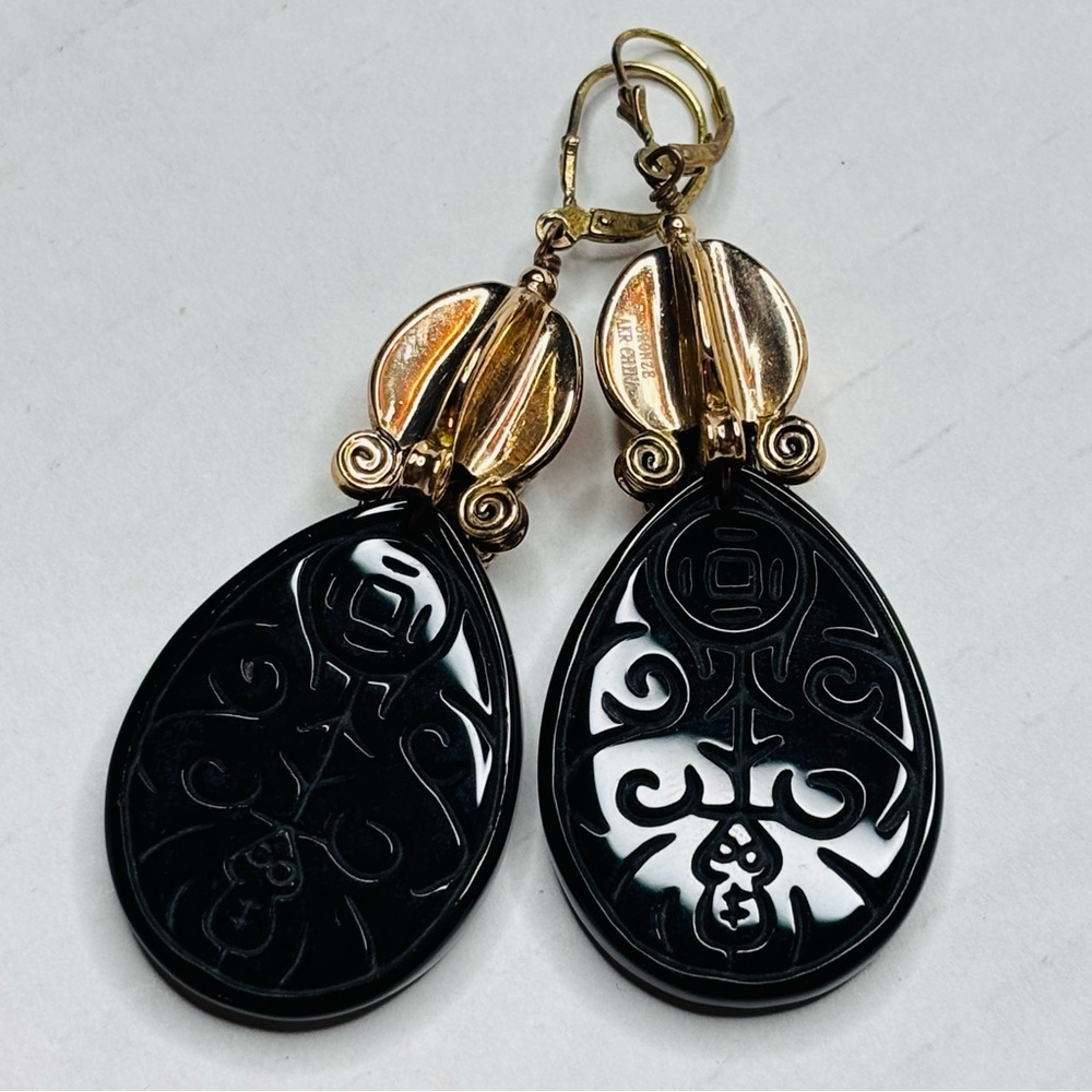AMY KAHN RUSSELL Vintage Carved Black Obsidian Sterling Silver Earrings
